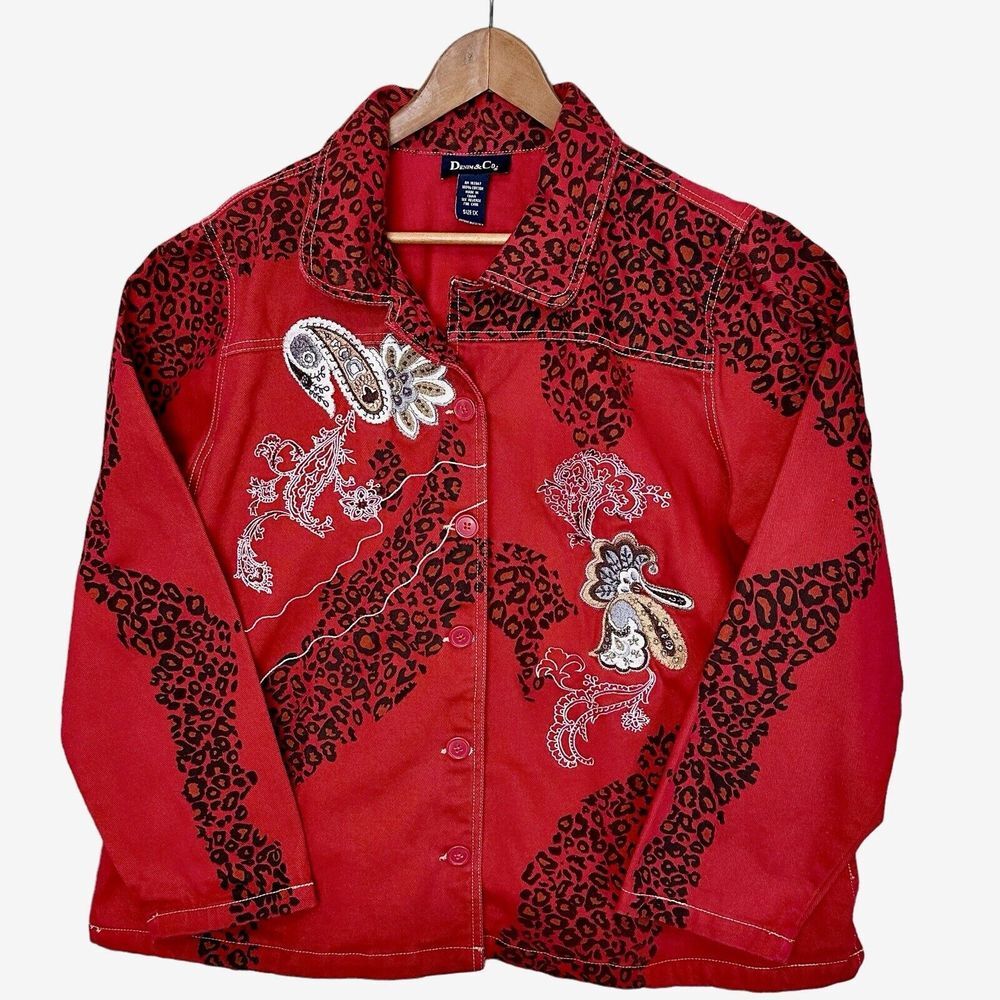 Denim & Co Womens Jean Jacket Red Leopard Embroidered Paisley‎ Cotton Size 1X